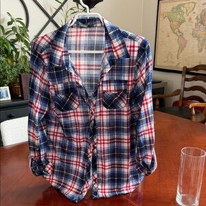 Suzy Shier Red White and Blue Plaid Button-Down Shirt